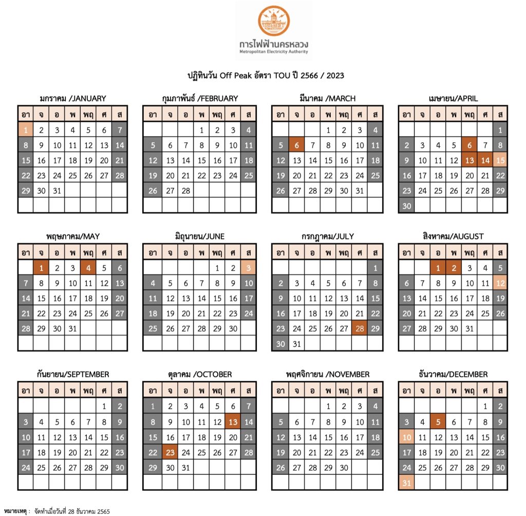 ปฏิทิน Off Peak อัตรา TOU ปี 2566 จาก PEA และ MEA สำหรับชาร์จรถยนต์ไฟฟ้า