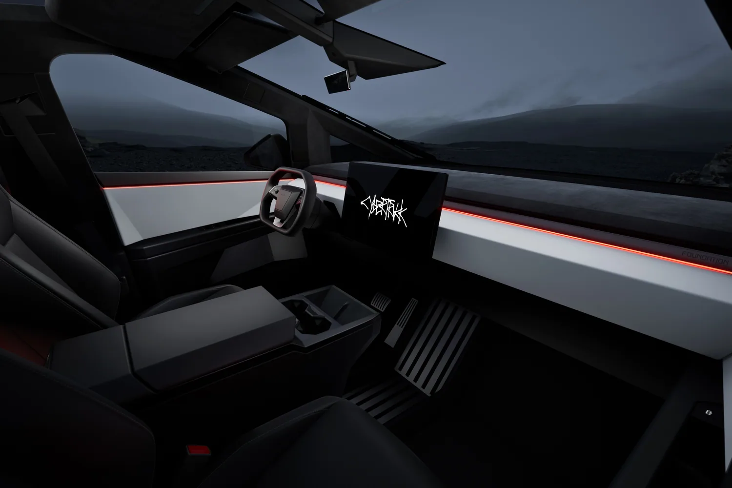 ห้องโดยสารด้านหน้าของ Tesla Cybertruck พวงมาลัยซ้าย