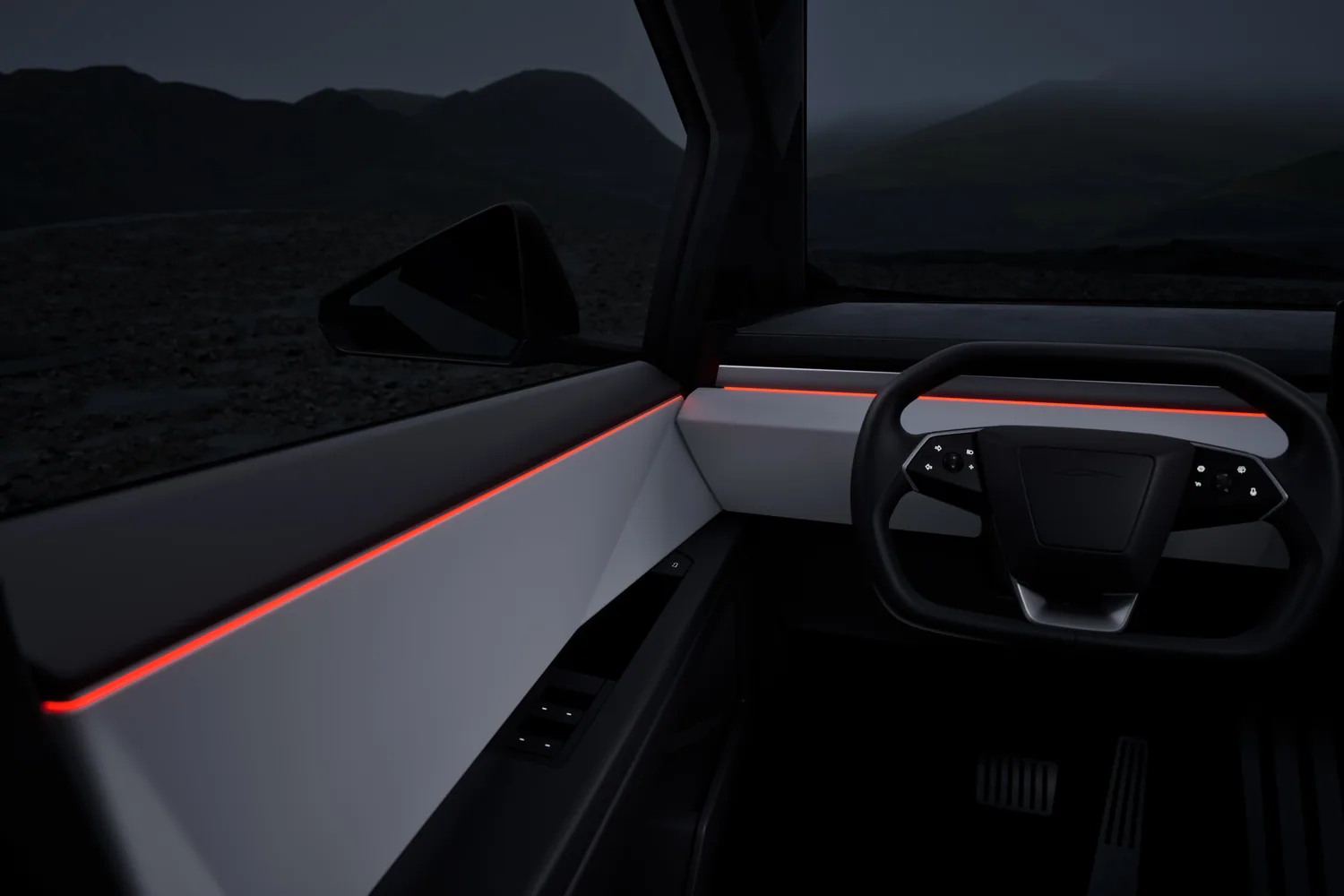 พวงมาลัยซ้ายและแผงคอนโซล Tesla Cybertruck